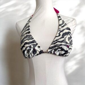Y2K Zebra Print Halter Bikini Top L animal 90s glam